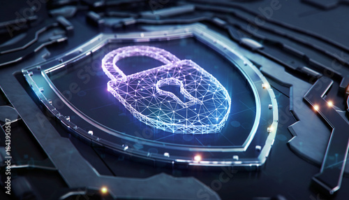Cyber Shield: Illustrating the concept of data protection and cyber security, a digital padlock glows within a shield, representing digital safety and the safeguarding of sensitive information.