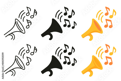 Trumpet Soundwaves Art. Close-up of trumpet bell with sound waves and melody notes, first in line style with thin outline, second