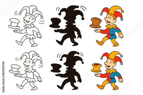 Jester's Colorful Performance. Hat bells ringing as jester performs trick first in line style with thin outline, second in solid