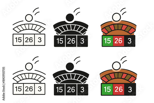 Roulette Ball Dynamics. Roulette ball bouncing between numbered pockets first in line style with thin outline, second in solid
