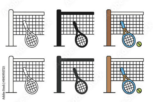 Tennis Racket and Net Styles. Tennis net with racket leaning against post first in line style with thin outline, second in solid