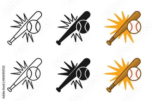 Baseball Bat Motion Art. Baseball connecting with bat creating motion burst first in line style with thin outline, second in solid