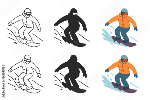 Snowboarding Styles Showcase. Snowboarder carving through fresh powder on mountain first in line style with thin outline, second