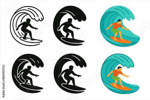 Surfer Silhouettes on Waves. Surfer silhouette balancing atop surfboard mid barrel first in line style with thin outline, second