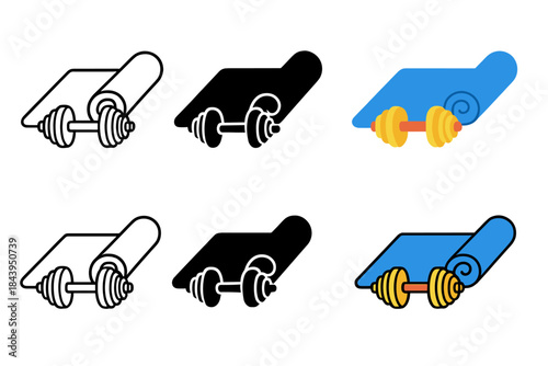 Dumbbells in Various Styles. Pair of adjustable dumbbells beside exercise mat first in line style with thin outline, second in