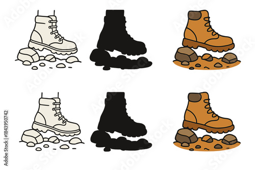 Stylized Boot Sequence. Single boot stepping on rocky mountain path first in line style with thin outline, second in solid style