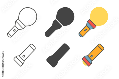 Flashlight Spotlights Six Styles. Flashlight creating spotlight circle on wall first in line style with thin outline, second in