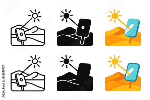 Desert Mirror Ray Spectrum. Signal mirror reflecting sun across desert plain first in line style with thin outline, second in