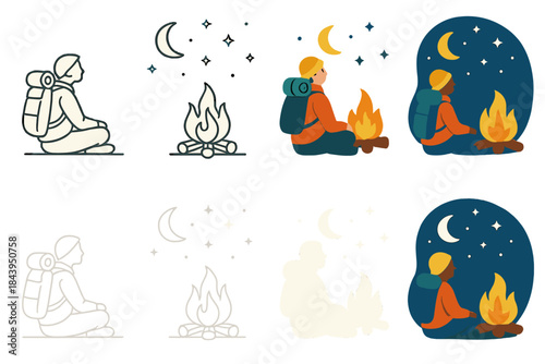 Backpacker Under Starry Sky. Backpacker sitting by fire gazing at stars first in line style with thin outline, second in solid