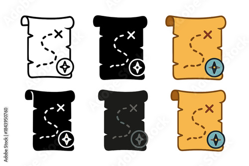 Parchment Map Styles. Rolled parchment map with compass and trail path first in line style with thin outline, second in solid