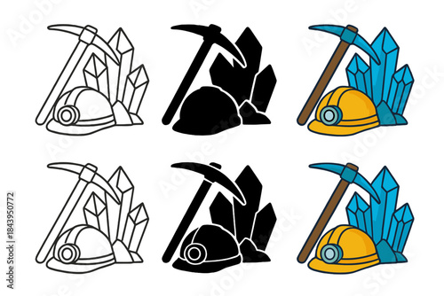 Pickaxe and Helmet Styles. Pickaxe and helmet set against cave wall crystals first in line style with thin outline, second in