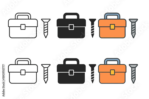 Diverse Tool Designs. Toolbox Screw Nail first in line style with thin outline, second in solid style filled shape, third in flat