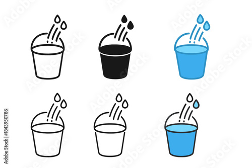 Bucket Style Variations. Bucket Water Rinse first in line style with thin outline, second in solid style filled shape, third in