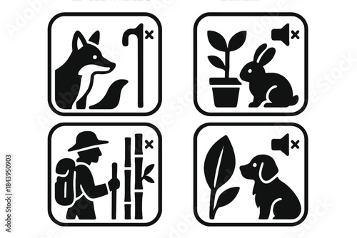 Silent Nature Dialogues. Icons for: a silent exchange between creature and cane, a muted dialogue of plant and animal, a wordless