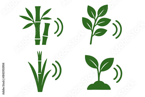Whispering Bamboo Icons. Icons for: a bamboo rustle carrying quiet words, a leafy cluster whispering soft cues, a tall stalk