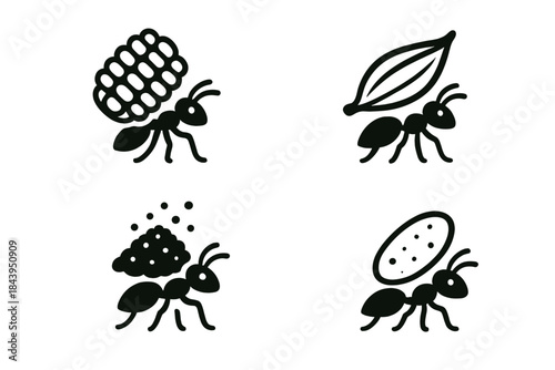 Tiny Insect Icons. Icons for: a minuscule insect hauling tiny kernels, a little crawler transporting small husks, a petite mover