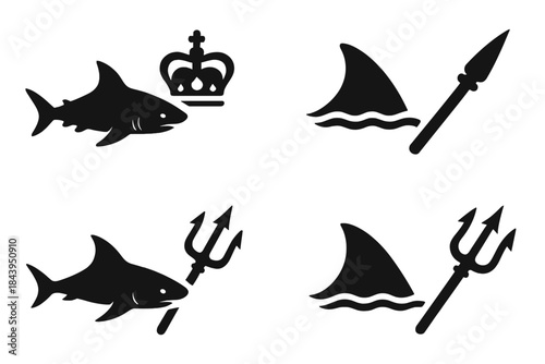 Sea Predator and Trident. Icons for: a sea predator’s outline near a regal implement, a dark fin form approaching a ceremonial