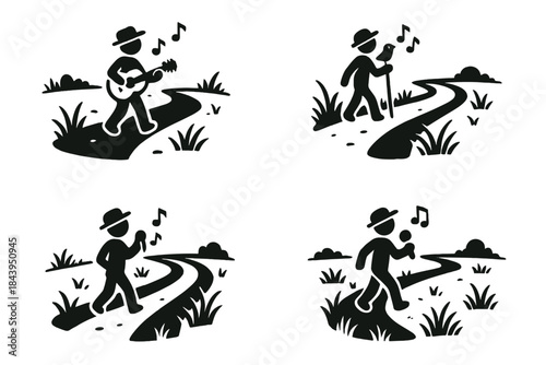 Musician's Pathway Icons. Icons for: a field path leading a tiny musician, a grass route guiding a chirping traveler, a green lane