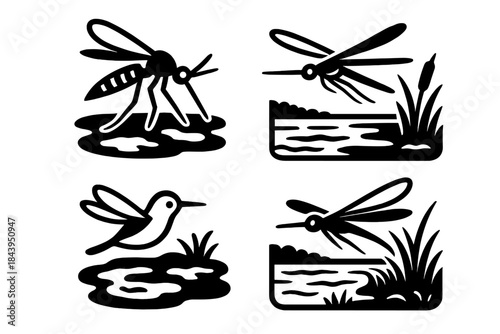 Mosquito in Wetlands. Icons for: a mosquito poised above muddied pools, a narrow-bodied flyer over murky wetlands, a tiny hummer