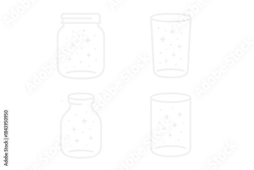 Glimmering Glass Icons. Icons for: a jar rim catching floating glimmers, a glass edge framing drifting lights, a clear vessel