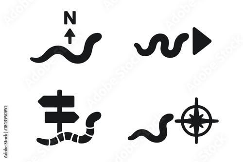Navigational Icons. Icons for: a curved body moving toward a marked north, a wriggling form nearing a clear pointer, a soft