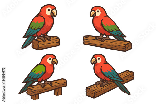 Parrot Balancing Act. Icons for: a parrot balancing on aged wood, a bold flier resting on rough planks, a colorful creature steady