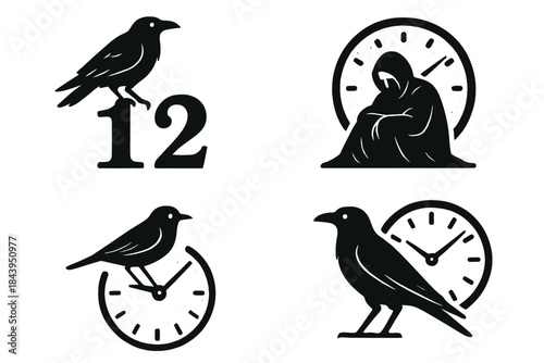 Timeless Sentinal Icons. Icons for: a crow perched atop aging numerals, a dark figure resting by worn time-marks, a quiet bird