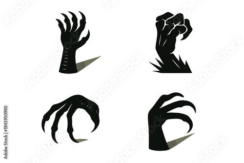 Shadowed Claw Icons. Icons for: a raised claw casting a long shadow, a tense grip projecting sharp edges, hooked talons stretching