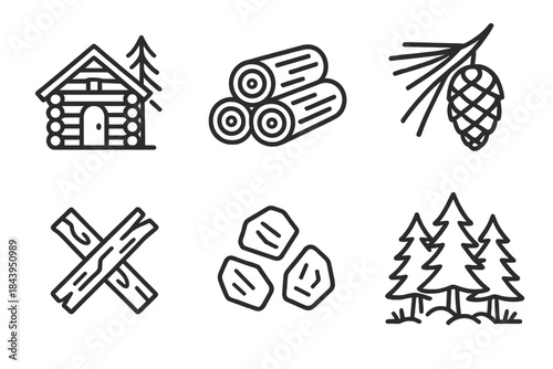 Timber Lodge Icons. Line vector icons of Timber Lodge Grove: cabin outline, stacked lumber, pine cluster, rustic beams, wood chips