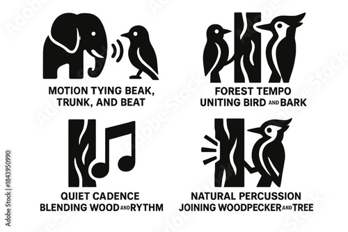 Nature's Rhythmic Symphony. Icons for: motion tying beak, trunk, and beat, forest tempo uniting bird and bark, quiet cadence
