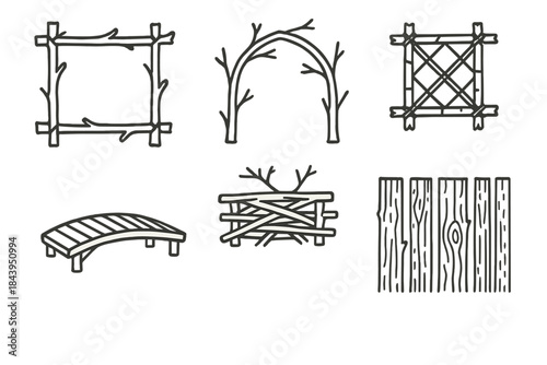 Rustic Woodland Icons. Line vector icons of Rustic Woodland Structure: twig frame, branch arch, small lattice, wooden span, tiny