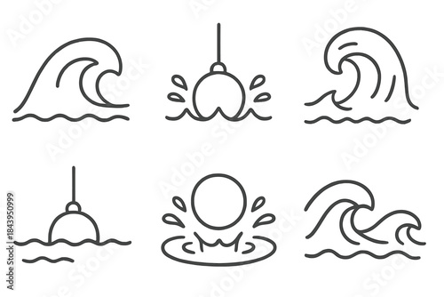 Breaker Ball Icons. Line vector icons of Breaker Ball Moment: rounded crest, seal arc, buoyant sphere, splash ring, tide nib,