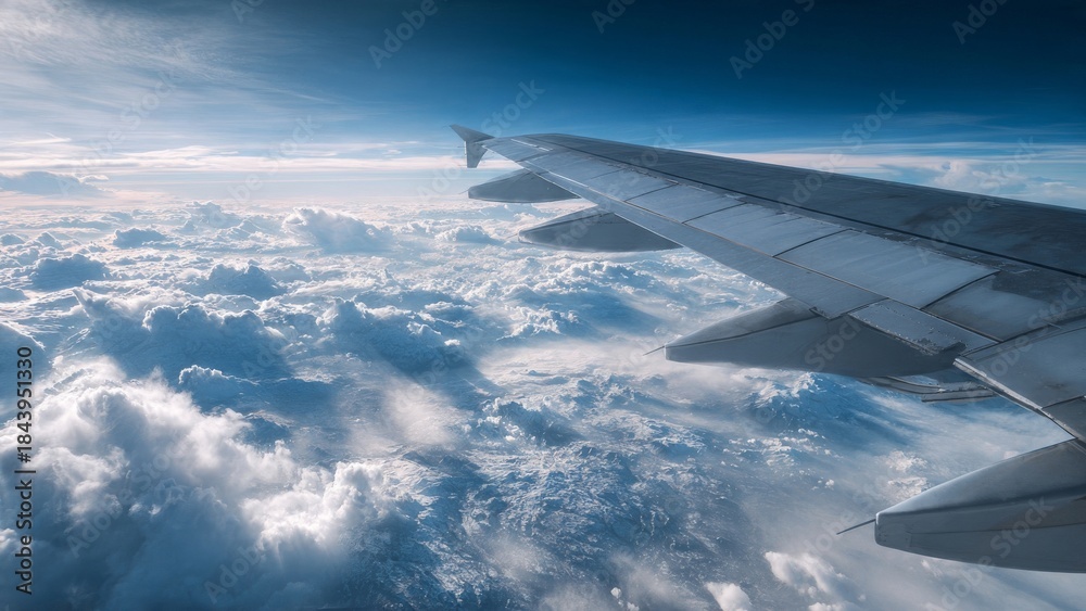 Fototapeta premium Airplane wing above mountain range covered in clouds