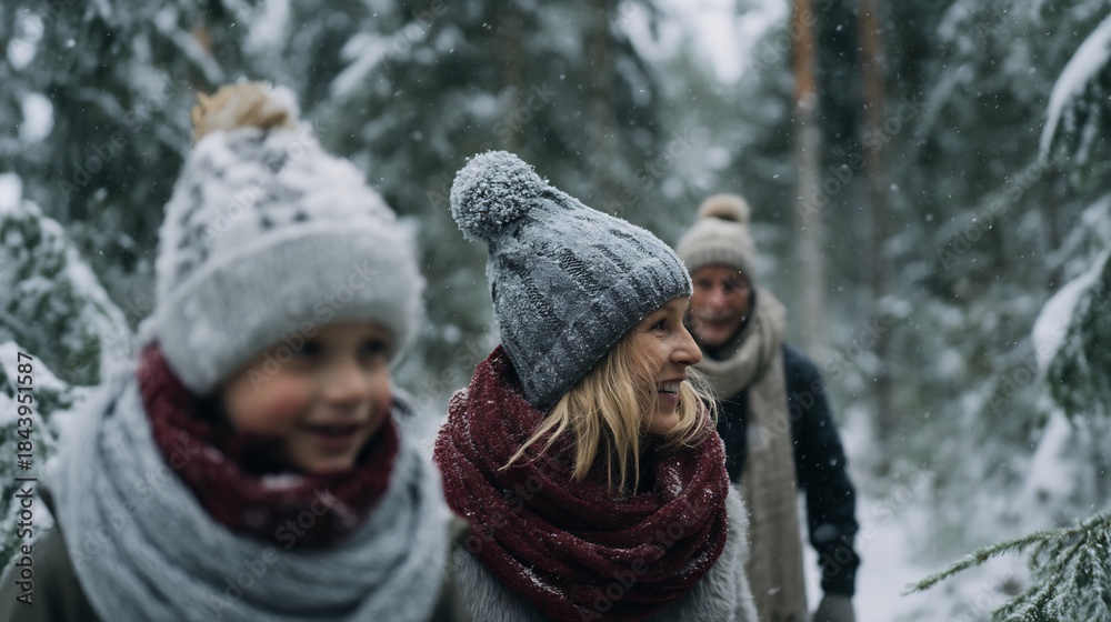 Fototapeta premium Smiling Couple Wearing Winter Hats and Scarves Walking in Snowy Forest