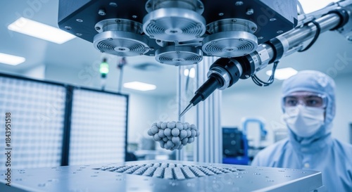 Image of an advanced acoustic levitation system suspending fuel pellets as precision coatings are applied in a dustfree cleanroom.