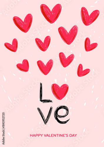 Valentine Day vector card. Hand drawn pen doodle hearts