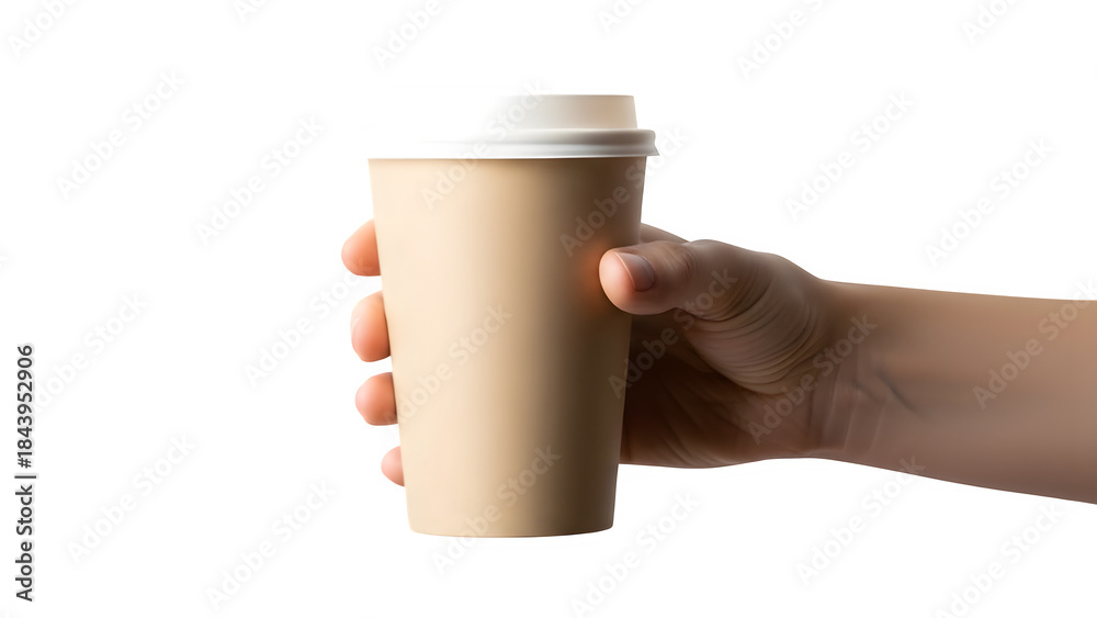 Obraz premium Hand holding takeaway coffee cup isolated on transparent background