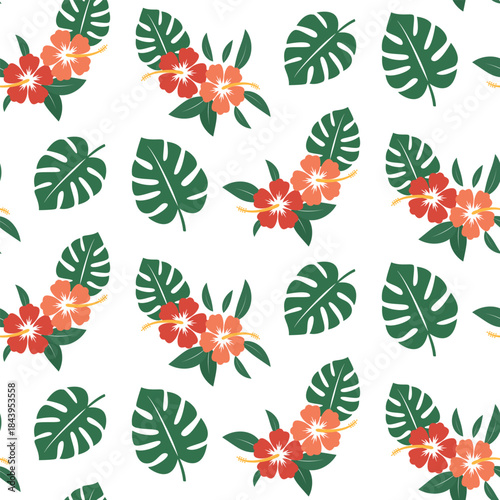 A seamless pattern of hibiscus flowers and tropical plants. Summer tropical