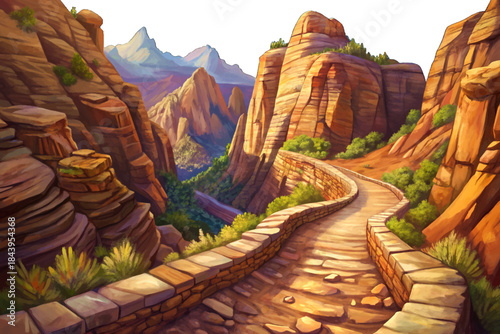 Angels Landing Trail features narrow cliffside paths, steep drops, rocky terrain, and breathtaking panoramic views inside Zion National Park’s dramatic desert landscape