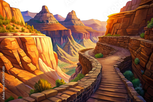 The Bright Angel Trail descends into the Grand Canyon with steep paths, layered rock walls, dramatic elevation changes, and iconic desert canyon hiking views