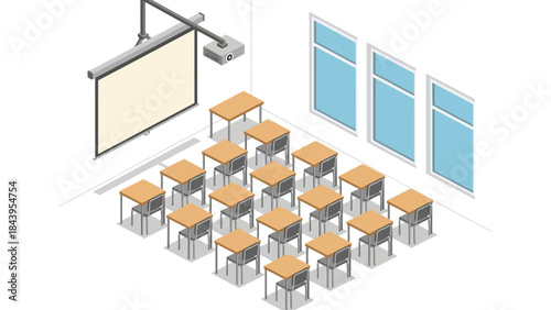 Isometric classroom with projector and desks in modern light-filled environment