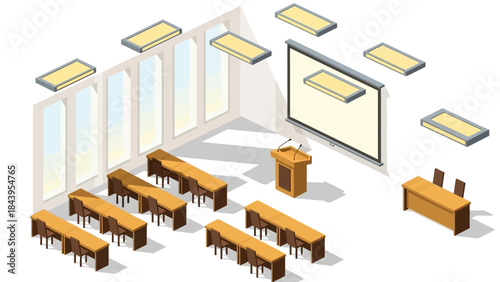 Modern classroom design with isometric furniture and digital presentation setup