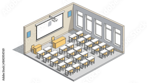 Isometric classroom design with desks and projector in modern style