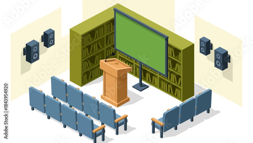 Isometric conference room with podium and screen setup for presentations