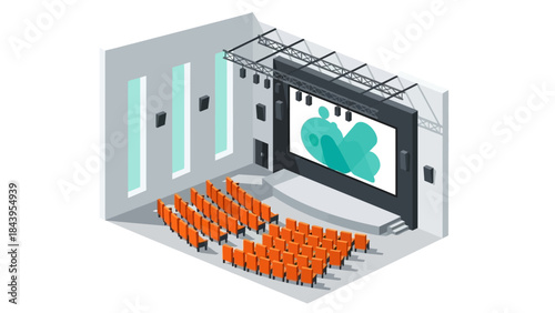 Modern isometric theater design with stage and seating in orange tones
