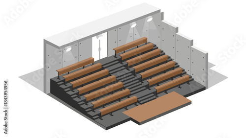 Isometric modern auditorium with wooden benches and concrete walls