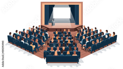 Conference audience engaged in presentation inside auditorium with speaker