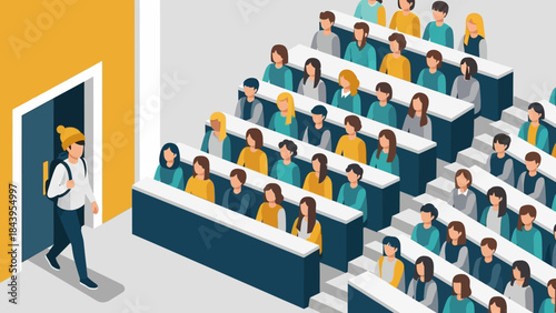 Isometric school lecture hall with students and teacher arriving