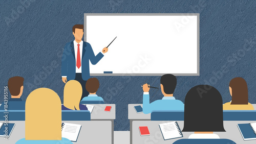 Animated classroom scene with teacher and students in flat design