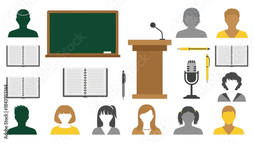 Classroom setup elements: chalkboard, podium, microphone, and diverse silhouettes for educational themes